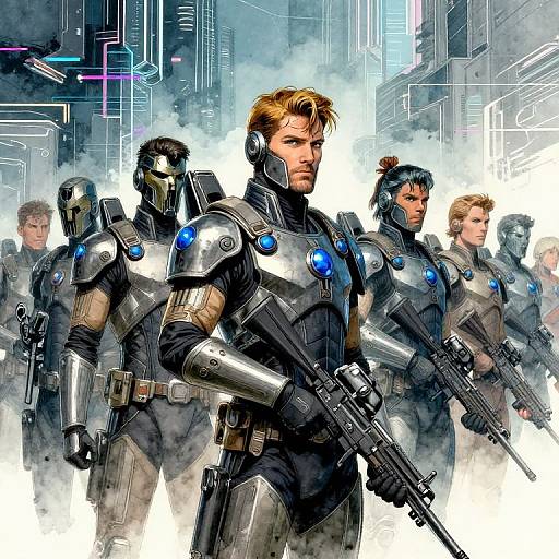 Digital illustration of six futuristic armored soldiers with blue accents, holding guns, standing in a cyberpunk cityscape with neon lights.
