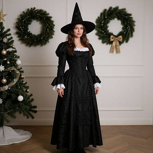 Photograph of a woman in a black Victorian-style witch dress with white lace cuffs, black hat, standing between two Christmas wreaths and a decorated Christmas