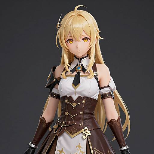 Anime-style digital artwork of a blonde woman with yellow eyes, wearing a black and white corseted dress, black gloves, and gold accents, against