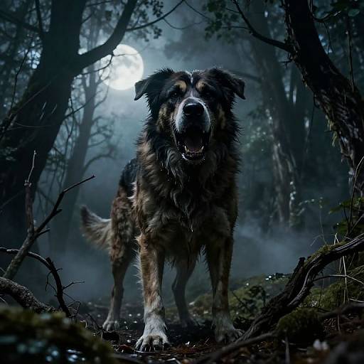 Photograph of a large, shaggy black-and-brown dog standing in a dark, misty forest at night, with a full moon shining