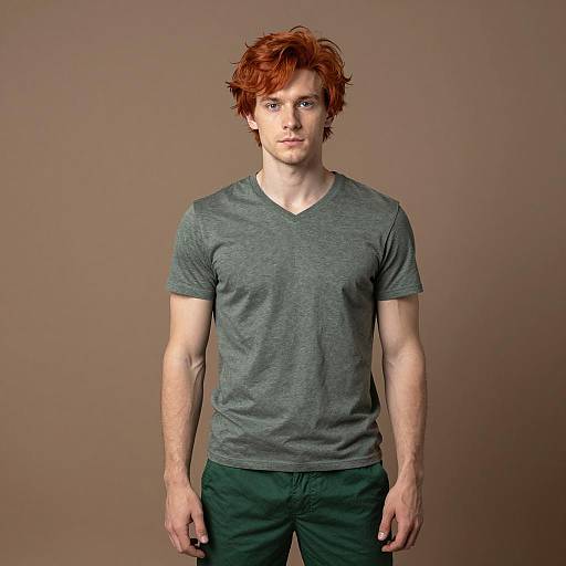 Young Man with Red Hair in Casual Outfit