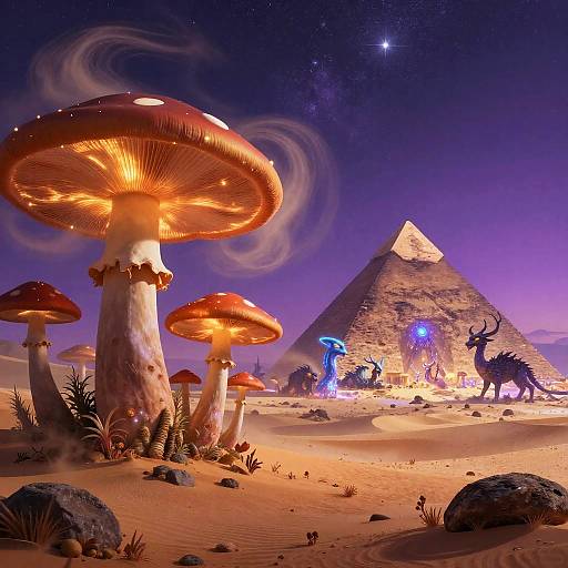 Fantastical desert scene: glowing mushrooms, pyramid, glowing blue creatures, and a horned beast under a starry, purple night sky. Digital