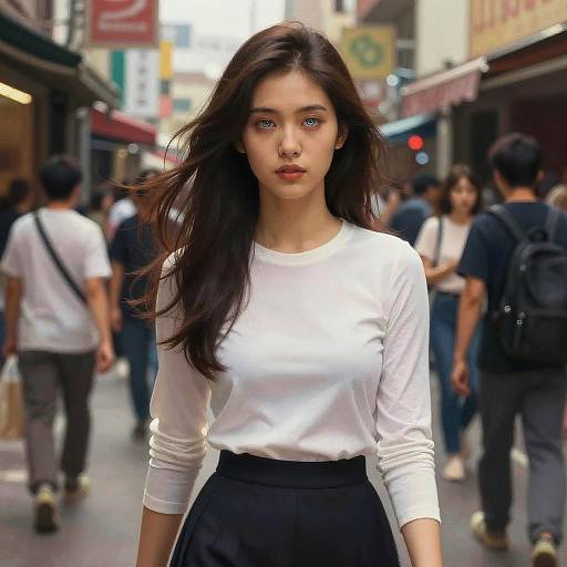 Photograph of a young Asian woman with long, dark brown hair, wearing a white long-sleeve shirt and black high-waisted skirt,