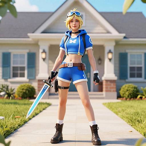 Digital art of a blonde anime-style woman in blue crop top and shorts, holding a glowing sword, standing on a suburban sidewalk.