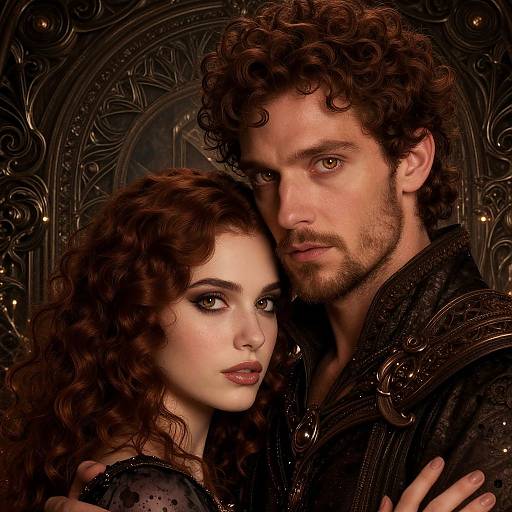 Photograph-style digital art of a curly-haired, pale-skinned woman with dark makeup and a serious expression, leaning against a curly-haired, bearded