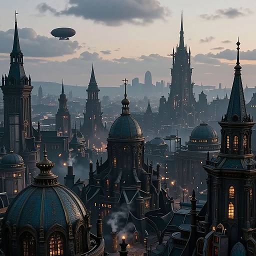 Photograph of a Gothic-style cityscape at twilight with illuminated domes, spires, steam rising, and a blimp in the cloudy sky.