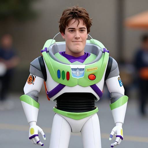 CGI image of a young man with brown hair, wearing a white and green Buzz Lightyear astronaut suit, smiling, standing outdoors.