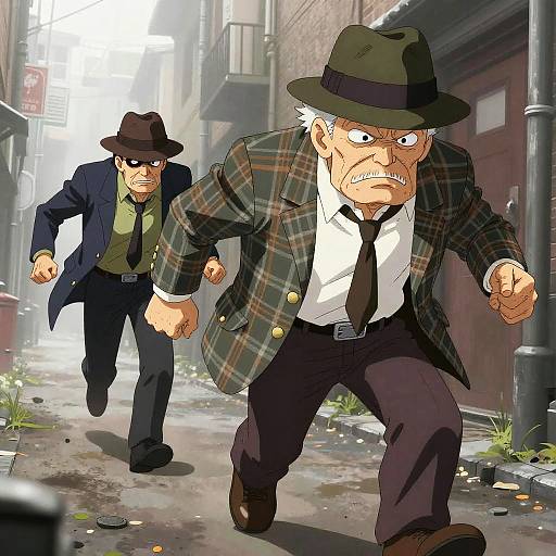 Digital illustration of two angry, white-haired men in plaid suits and fedoras, running down a dirty, urban alley. Background includes graffiti and litter