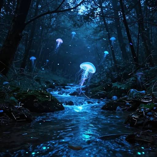 Photograph of a glowing blue forest stream at night, with bioluminescent jellyfish floating above the water, surrounded by dark, silhouet