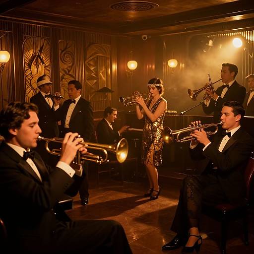 Photograph of a jazz band performing in a dimly lit, ornate room. Six musicians in black tuxedos and a glamorous woman in