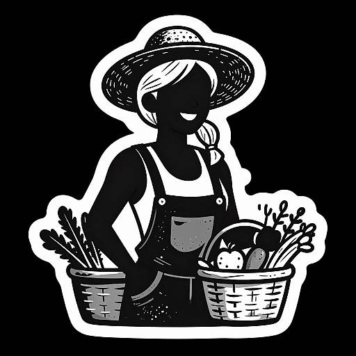 Black and white digital illustration of a farmer in overalls and wide-brimmed hat, holding baskets of vegetables, with bold white outlines against a solid