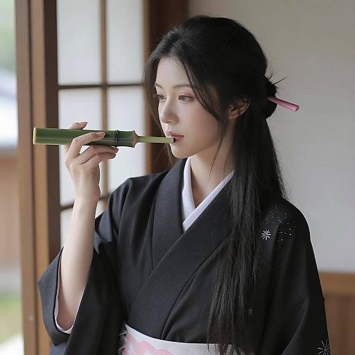 Asian Woman in Black Kimono with Bamboo Pipe