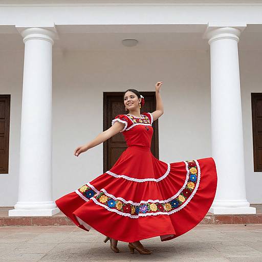 Photograph of a smiling Latina woman in a vibrant red traditional Mexican dress with floral embroidery, dancing on a tiled patio with white columns and brown doors.