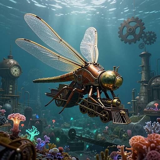 Steampunk-style, metallic dragonfly with transparent wings flying over an underwater cityscape filled with colorful coral, gears, and clock towers.