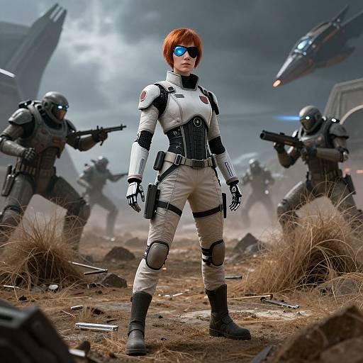 CGI image of a red-haired woman in white and black futuristic armor, standing confidently in a ruined, grassy battlefield with three armed soldiers in black