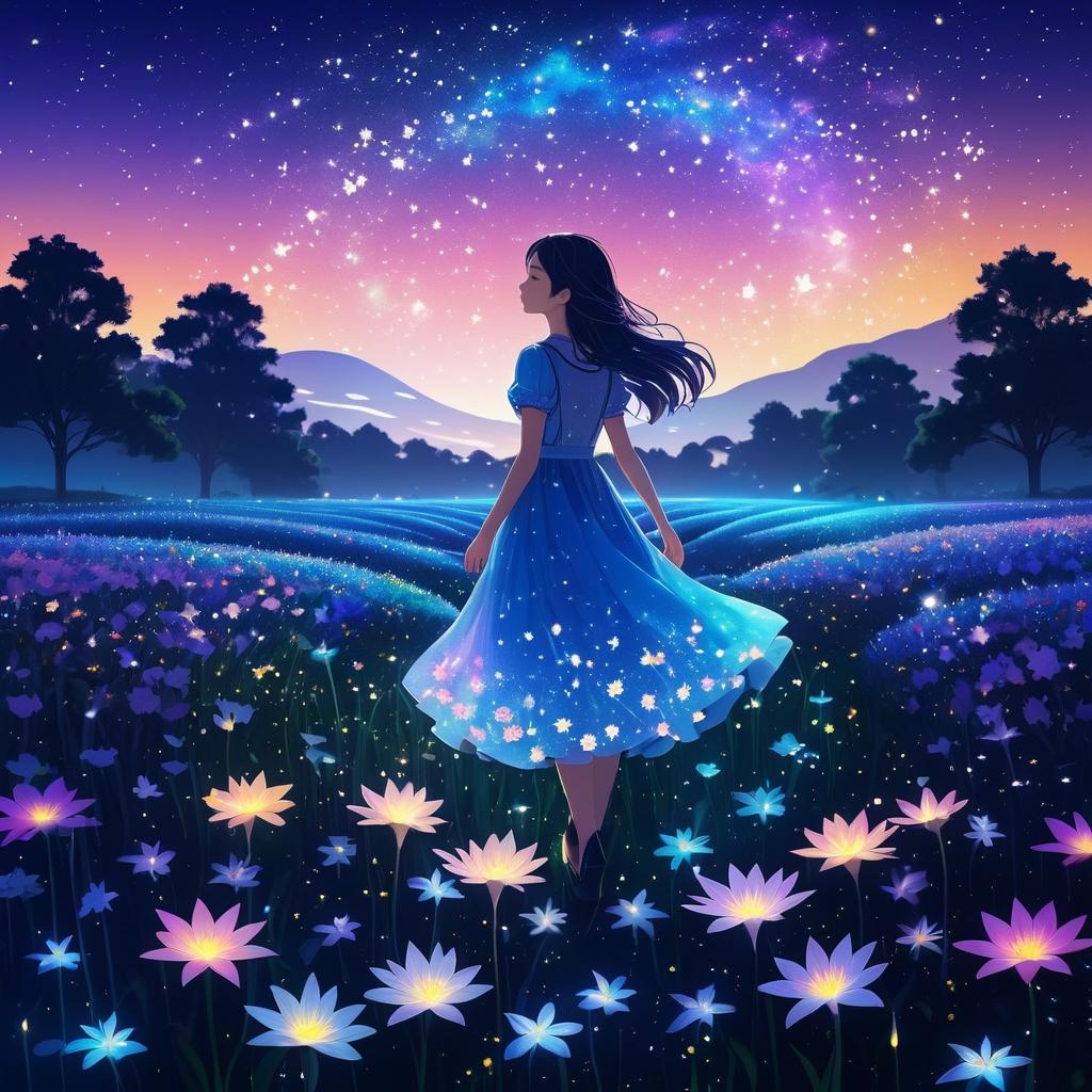 Teen Girl in Starry Flower Field