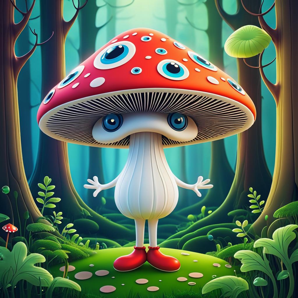 Whimsical Cartoon Mushroom in Enchanted Forest