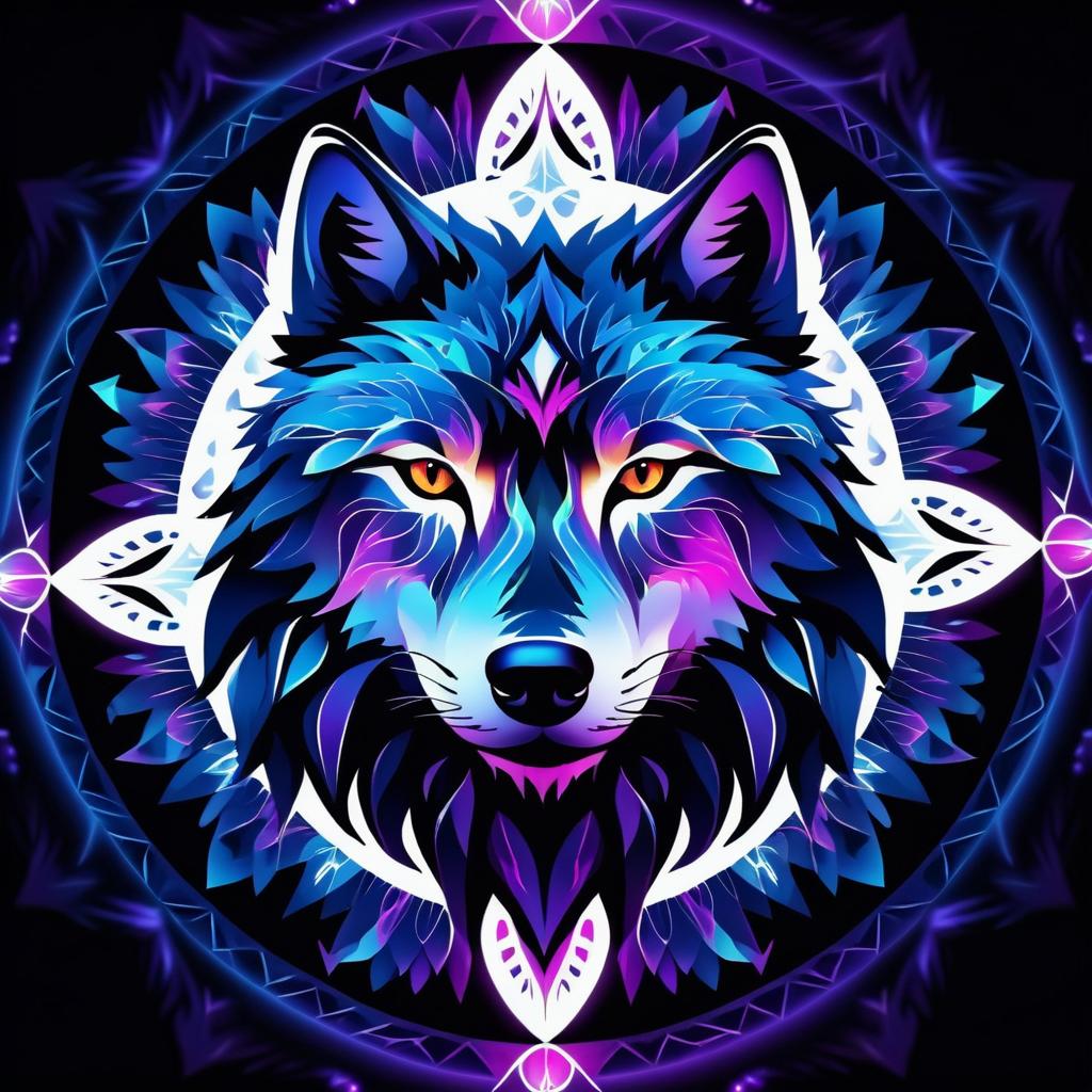 Mystical Wolf Head with Kaleidoscopic Background