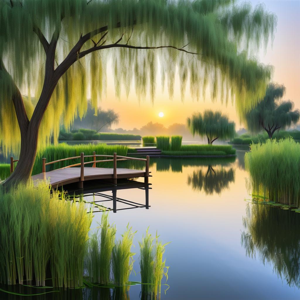 Symbolic Serenity: Willows and Sunrise Harmony