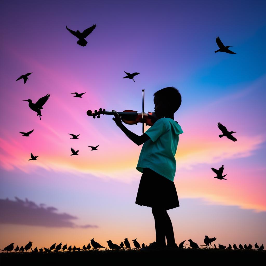 Silhouetted Violinist Against Colorful Skies