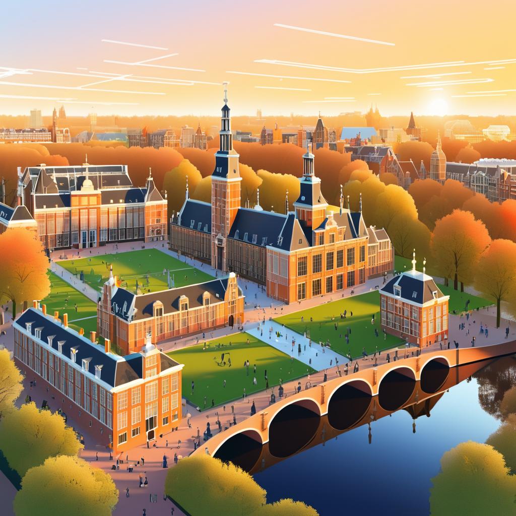 Illustrated Sunset Over Amsterdam Landmarks