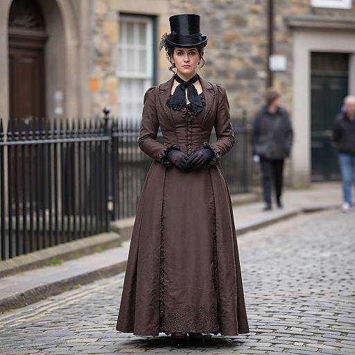 Photograph of a Victorian-era woman in a brown long dress, black gloves, top hat, and ruffled collar, standing on a cobblestone