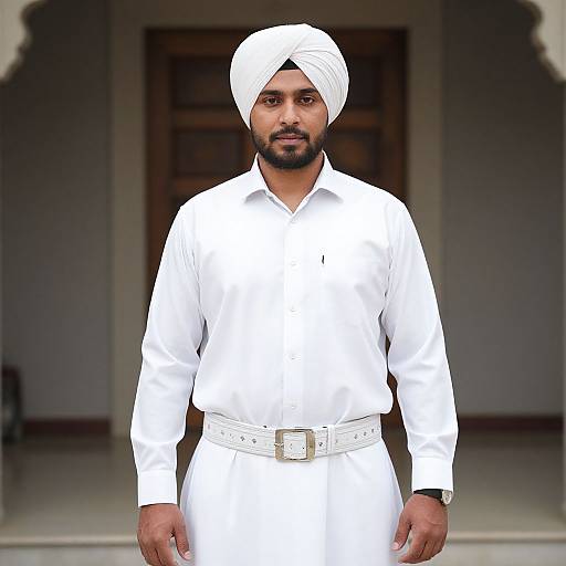 Photograph of a bearded South Asian man in white traditional attire, including a turban, long shirt, and pants, with a white belt,
