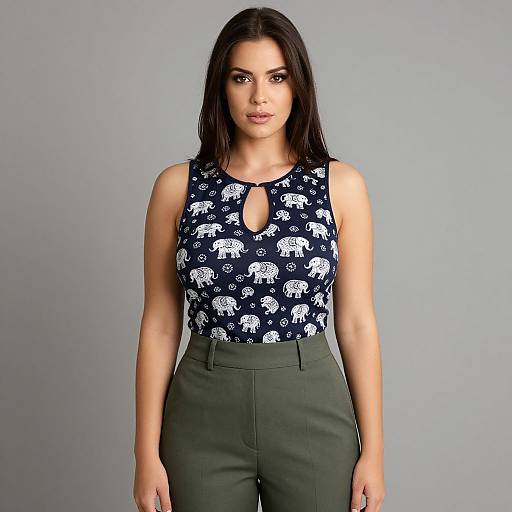 Photograph of a brunette woman with straight hair, wearing a navy blue elephant-patterned sleeveless top and high-waisted dark green pants, standing