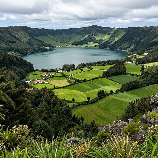 Photograph of a picturesque mountain valley with a serene lake at the center, surrounded by lush green fields, scattered houses, and dense forests under a cloudy