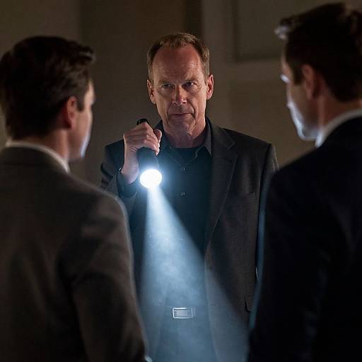 Photograph of a serious middle-aged man with light skin and short brown hair, holding a flashlight, illuminating two men in dark suits in a dim