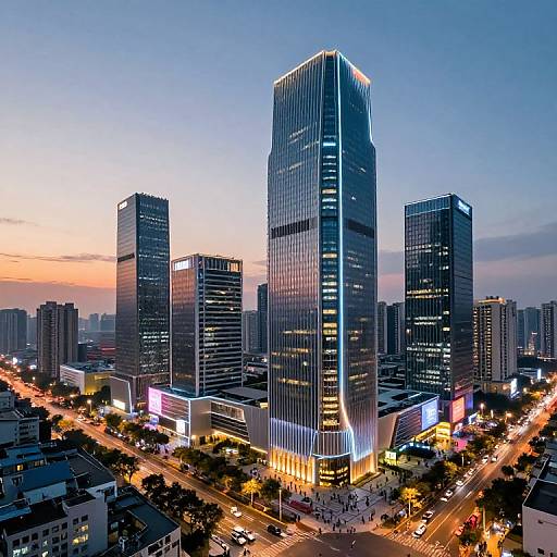 Photograph of a modern cityscape at dusk, featuring tall, illuminated skyscrapers with reflective glass facades, busy streets, and vibrant neon lights