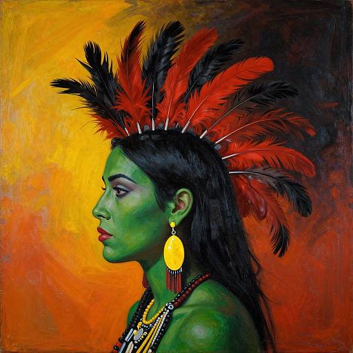 Colorful digital painting of a green-skinned woman with red and black feather headdress, yellow earrings, and tribal necklace, set against a vibrant orange