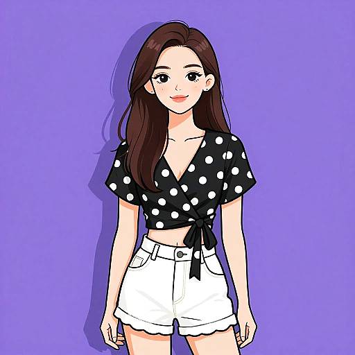 Digital illustration of a smiling woman with long brown hair, wearing a black polka dot tied crop top and white high-waisted shorts, against a