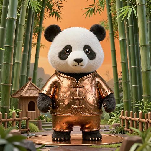 Photorealistic CGI of an adorable panda in shiny copper traditional Chinese outfit, standing in bamboo forest with wooden hut and orange sunset background.