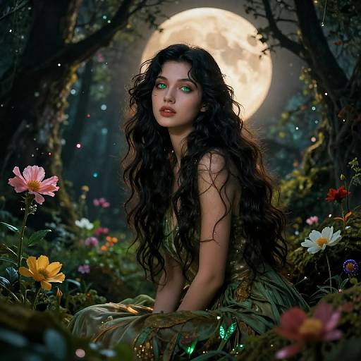 Digital fantasy artwork of a fair-skinned woman with long, wavy black hair, green eyes, and green dress, kneeling in a moonlit forest