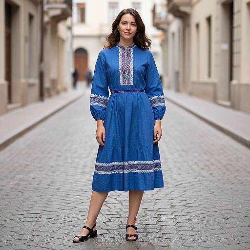 Woman in Folk Shirt Dress on Street