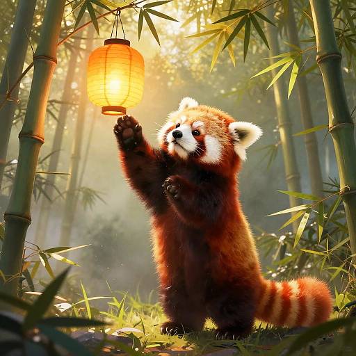 Curious Red Panda Reaching Lantern