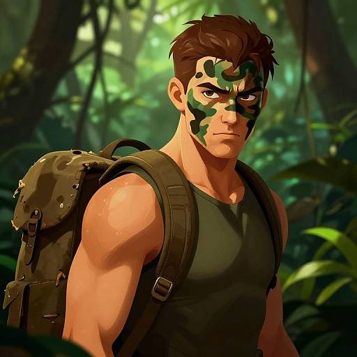 Digital anime-style illustration of a muscular, serious-looking man with dark hair and green camouflage face paint, wearing a black tank top and brown backpack, in