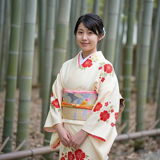 Photograph of a smiling Asian woman in a floral-patterned white kimono, standing in a bamboo forest with tall, green stems.