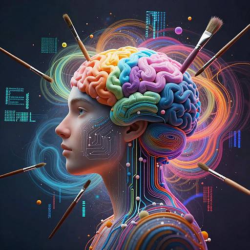 Digital artwork of a futuristic, multicolored brain profile with paintbrushes, circuitry, and vibrant neon lights against a dark background.