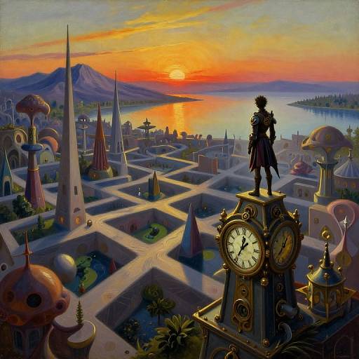 Mystical Twilight Cityscape with Steampunk Figure