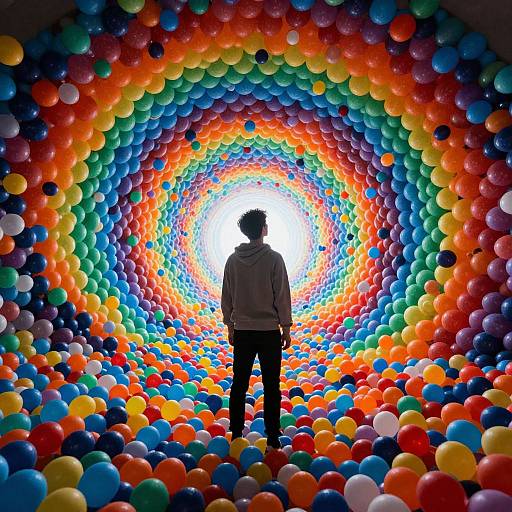 Silhouetted person stands center in vibrant, multicolored spiral of balloons, leading to bright white light at core. Photograph.