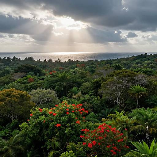 Photograph of a lush, tropical forest at sunset with sunrays piercing through clouds, vibrant red flowers in the foreground, and dense greenery extending to
