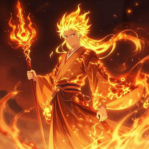 Anime-style digital illustration of a fiery-haired male shaman in a black kimono holding a flaming staff, surrounded by vibrant flames.