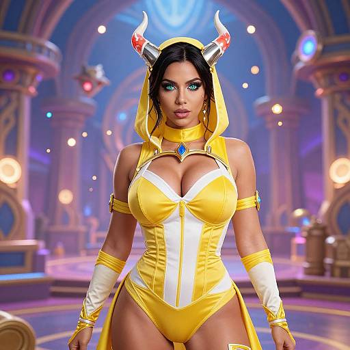 Digital art of a voluptuous woman with black hair, blue eyes, and large breasts, wearing a yellow and white horned outfit in a glowing,