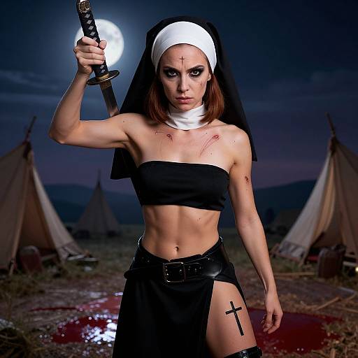 Photographic-style digital art of a fierce nun holding a sword, moonlit night, bloody ground, tents in background, black strap top, white head