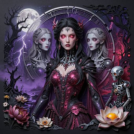 Digital artwork of a gothic, red-eyed woman in a dark, sparkly dress with mechanical arms, flanked by two ghostly, white-haired