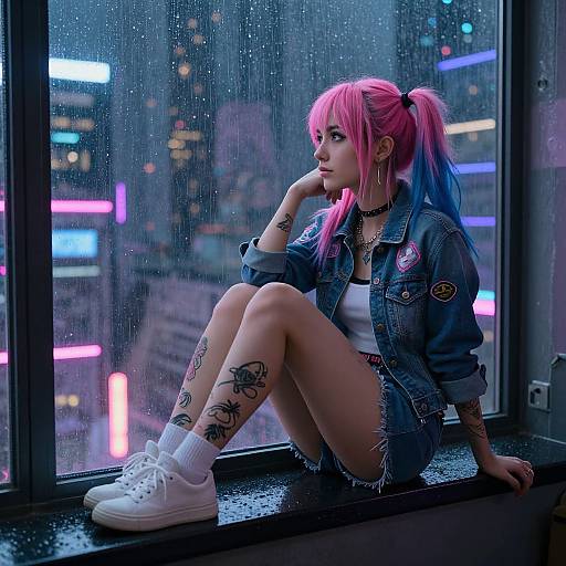 Photograph of a pink-and-blue-haired woman with tattoos, sitting by a rainy city window, wearing a denim jacket, white crop top, and shorts