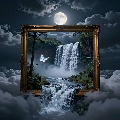 Photorealistic digital art: A golden frame centered on a moonlit waterfall with a glowing full moon, surrounded by clouds, and a bright blue butterfly