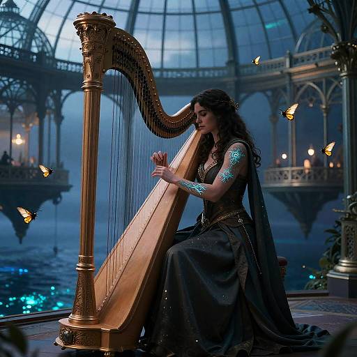Harpist-Warrior in Bioluminescent Glasshouse City